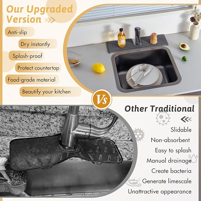 Kitchen Faucet Absorbent Mat with U-Shape Hole, 16" Diatomaceous Earth Splash Guard for Sink Faucet, Aesthetic Water Absorbing Stone Tray Draining Mat for Modern Home, Gift for Girlfriend, Dark Grey