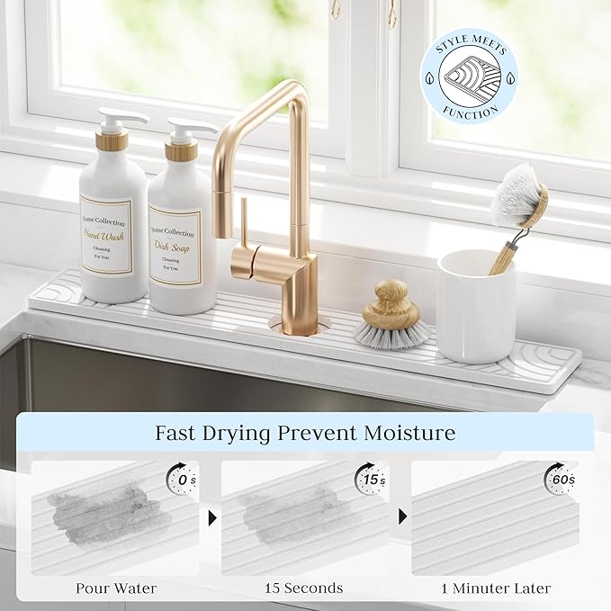 Faucet Mat for Kitchen Sink, Water Absorbing Stone Tray for Sink, 23.6" Long Diatomite Fast Drying Stone Mat, Splash Guard Faucet Mat for Bathroom Counter