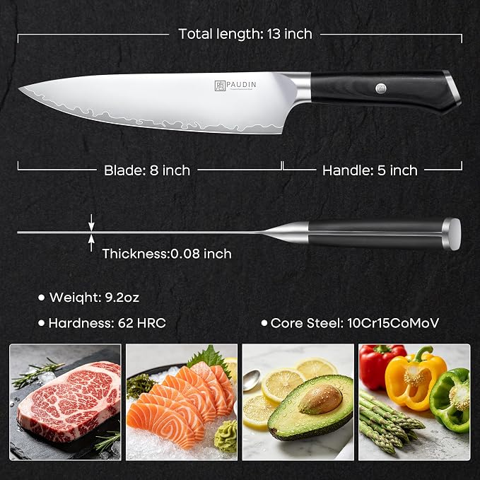 PAUDIN Chef Knife 8 Inch, Ultra Sharp Kitchen Knives 62 HRC, Multi-Layer Damascus Steel Professional Chefs Knife with Full Tang Ergonomic Wood Handle, Meat Vegetable Slicing Knives, Gift for Men Women