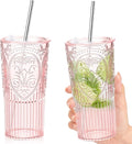 2 Set 20oz Vintage Plastic Tumbler with Lids and Straws Ribbed Floral Drinking Glasses Reusable Iced Coffee Cups for Water Juice Smoothie Cocktail Travel Party Events Gift (Pink)