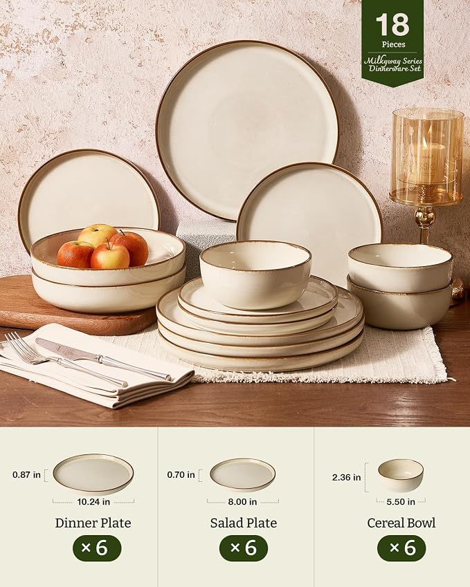 Famiware Milkyway Stoneware Dinnerware Set, 18-Piece, Double Reactive Glaze, Plates and Bowls, Service for 6, Microwave and Dishwasher Safe, Scratch-Resistant, Light khaki