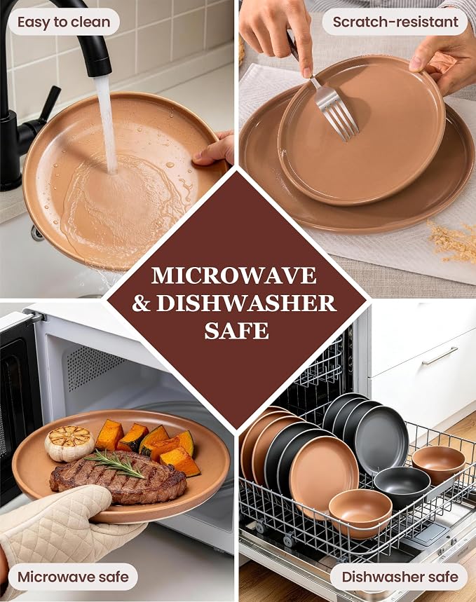 OTAGO 24-Piece Brown Stoneware Dinnerware Set for 6 with Mugs, Plates and Bowls Sets with Partially Unglazed Base, Scratch Resistant Ceramic Dish Set, Microwave & Dishwasher Safe for Kitchen