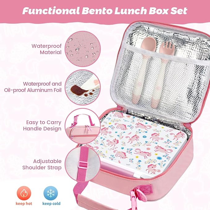 Kids Bento Lunch Box with Thermos, Leakproof Toddler Bento Box with 9 OZ Insulated Food Jar, Lunch Bag & Utensils 3 or 4 Compartment Container for School Girls Boys