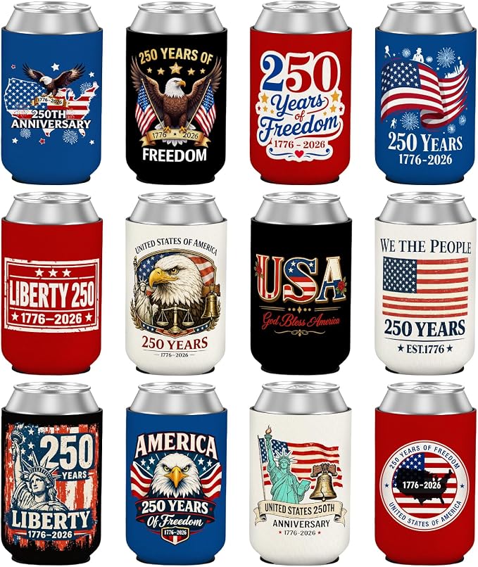 12 Pack 250 Years America Can Cooler Sleeves, Vintage 250th Anniversary USA Patriotic Neoprene Drink Holder for Memorial Day Independence Day 4th of July Party Favors Decorations Gifts