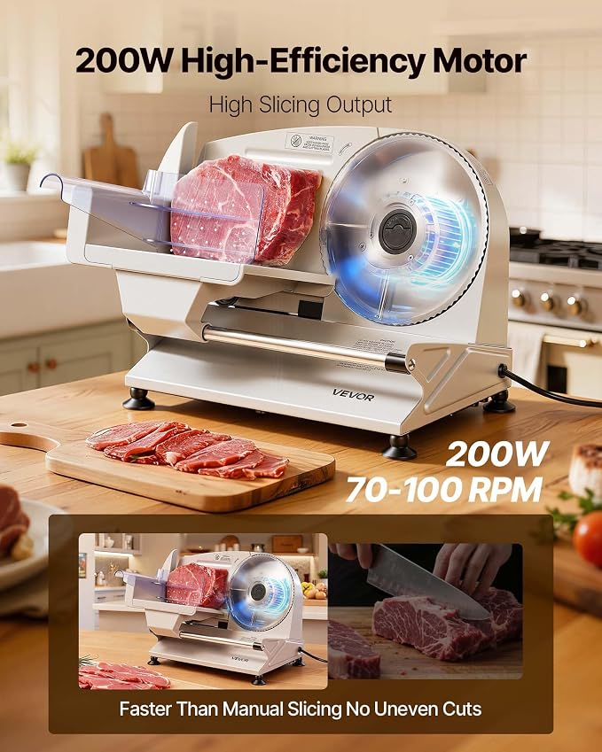 VEVOR Meat Slicer, 7.5" Electric Deli Slicer with 2 SUS420 Blades & 0-0.6" Adjustable Thickness, 200W Home Food-Slicer for Frozen Meat, Ham, Baguett, Steak, UL Approved