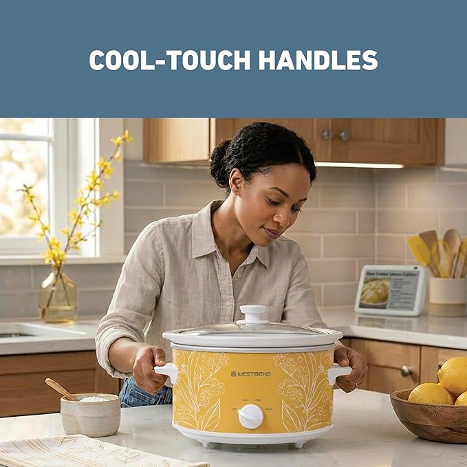 West Bend 4-Quart Manual Slow Cooker with 3 Cooking Settings, Dishwasher-Safe Ceramic and Glass Lid, 210 Watts, Yellow