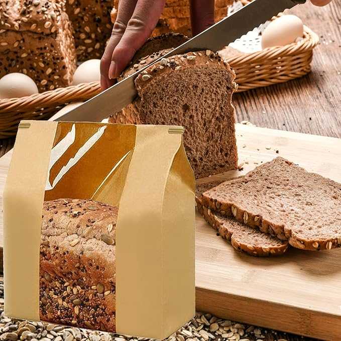 100 Pack Paper Bread Bags for Homemade Bread Sourdough Bread Bags Large Kraft Paper Bakery Bag with Window 14" x 8.3" x 3.5" with Tin Tie Tab Lock for Baked Food Packaging Storage, 100Pcs Love sticker
