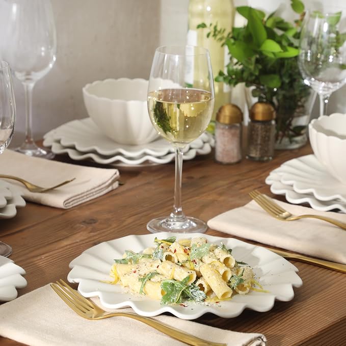 Gibson Elite Bistro Fleur Plates and Bowls Sets, 12-Piece Stoneware Dinnerware Set for 4, Ivory White Scalloped Dish Set with Dinner Plates, Salad Plates & Bowls