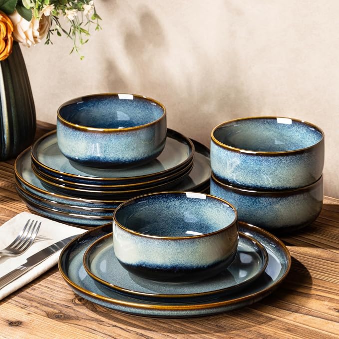 TheTerra Ceramic Dinnerware Sets for 4, 12 Pieces Porcelain Lightweight Plates and Bowls Sets, Scratch Resistant Dish Set, Oven & Microwave & Dishwasher Safe, Denim Blue