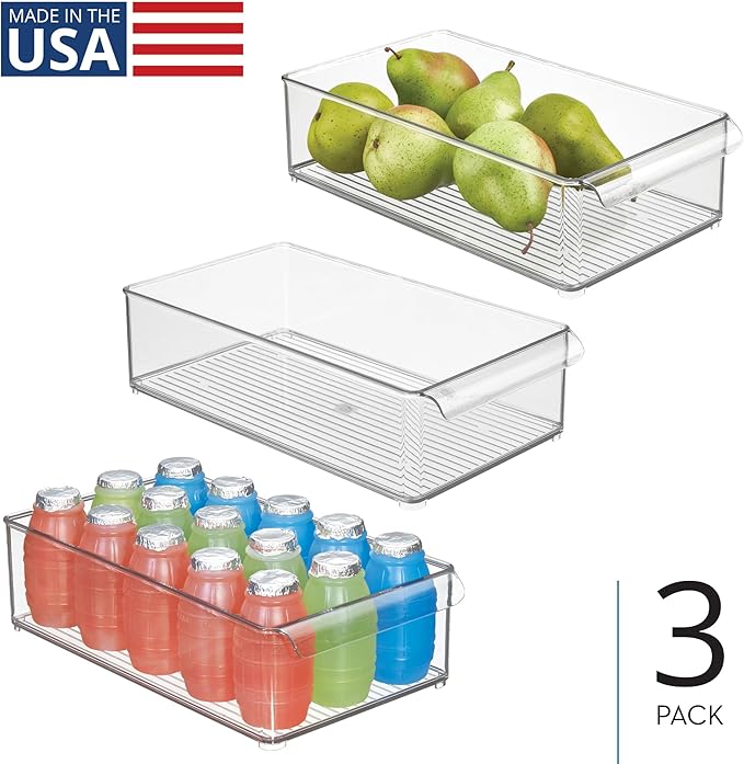 iDesign Large Stackable Fridge or Freezer Bin with Front Handle - Set of 3 - Clear - Made in USA