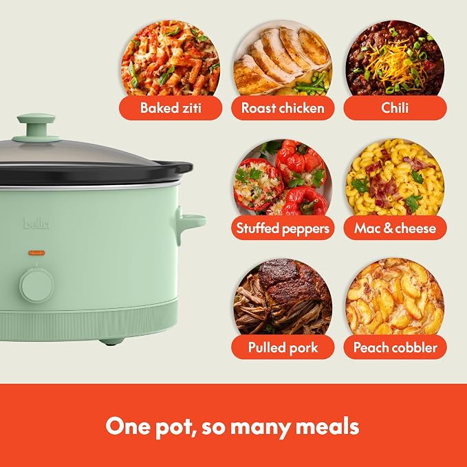 bella 6.0 Qt Manual Slow Cooker, Ceramic Nonstick Coating, 3 Temperature Settings, Dishwasher Safe Stoneware Pot and Tempered Glass Lid, Cool Touch Handles & Tangle Free Cord Wrap, Seaglass