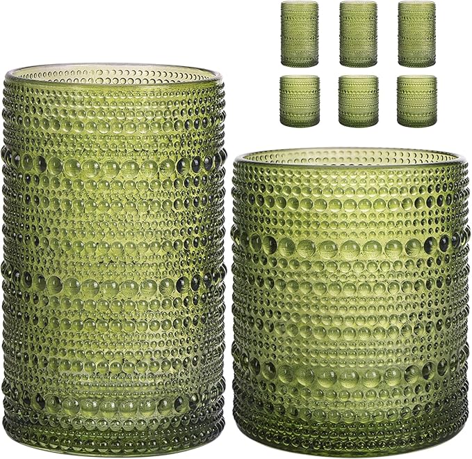 Moretoes Hobnail Drinking Glasses Set of 6, 12 Oz Highball Glasses & 10 Oz Cocktail Glasses, Clear Embossed Boho Glass Cups Kitchen Bar Tumbler Glassware Set for Whiskey, Beer, Juice, Milk (Green)