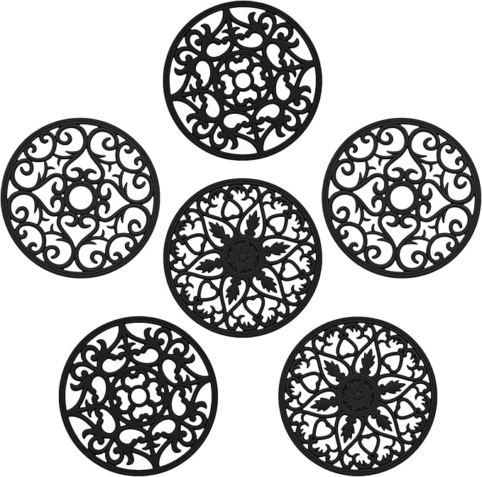 Silicone Trivets for Hot Dishes Modern, Trivets for Hot Pots and Pans, Silicone Hot Pads for Kitchen, Round Pot Holders 6 Pack Black, Multi-Use Intricately Carved Mats