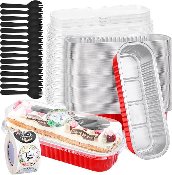 100Pack Disposable Aluminum Pans Mini Cake Containers with Lids and Spoons and Stickers, 6.8Oz Loaf Pans for Baking Bread, Dessert Cups with Lids for Party, Picnics, Celebration