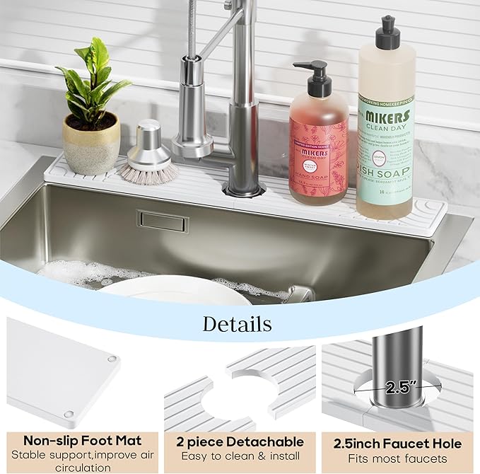 Faucet Mat for Kitchen Sink, Water Absorbing Stone Tray for Sink, 23.6" Long Diatomite Fast Drying Stone Mat, Splash Guard Faucet Mat for Bathroom Counter