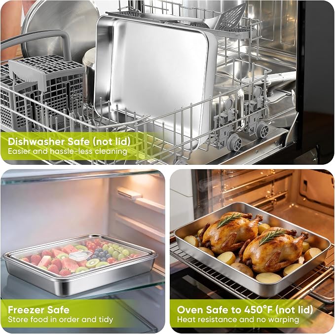 E-far Lasagna Pans with Lids, Stainless Steel Rectangular Cake Baking Pan w/Cover, 12⅓x9¾x2" Brownie Casserole Oven Tray Sheet, Heavy Duty Metal Bakeware, Anti-Rust & Dishwasher Safe, Set of 2