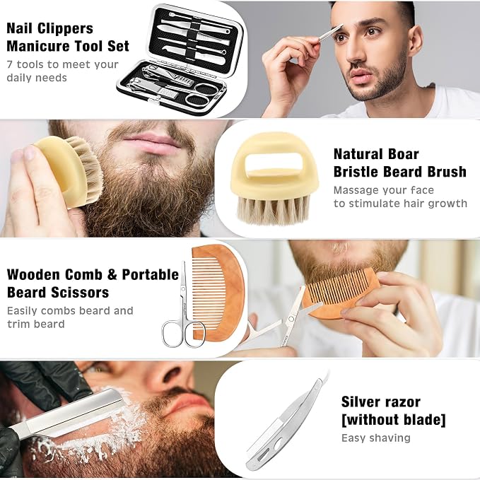 Nuogo 15 Pcs Birthday Gifts for Men Beard Care Set for Him Dad Birthday Gifts Basket Ideas Kit for Men Tumbler Bath Robe for Father's Day Dad Husband Boyfriend Box(Unhooded,Grey)