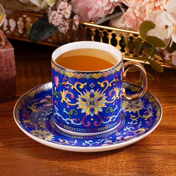 KAMMAK Tea Cups and Saucers Set of 2, Porcelain Coffee Cups, 7oz Stackable Espresso Mugs, Ceramic Demitasse for Coffee, Latte, Americano, Tea (639N+640N)