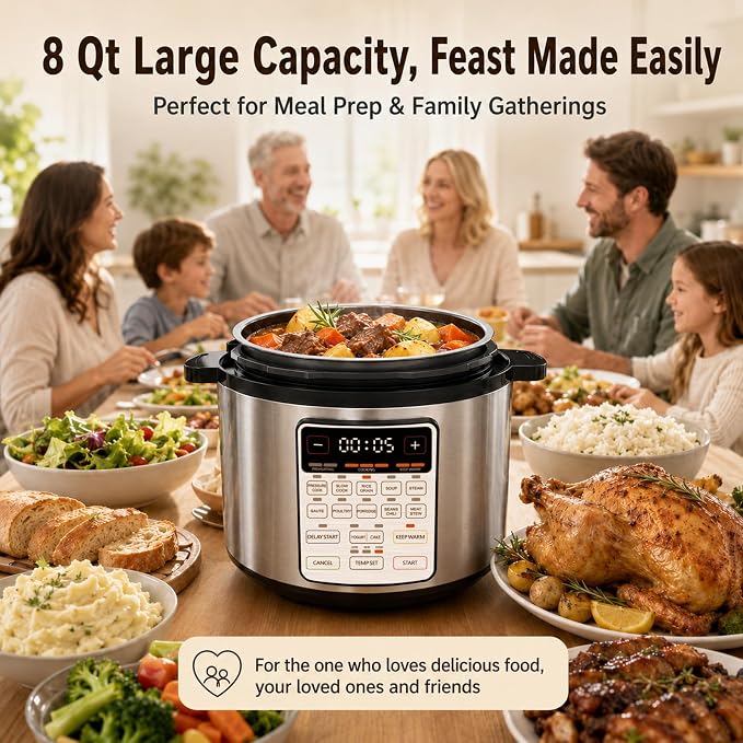 Fullwill 8QT Electric Pressure Cooker, 12-in-1, Ceramic Nonstick Pot, Sauté, 1200W Fast Cook, Slow Cook, Steam, Yogurt, Rice Cooker, for Family Meals, 1200W,Silver
