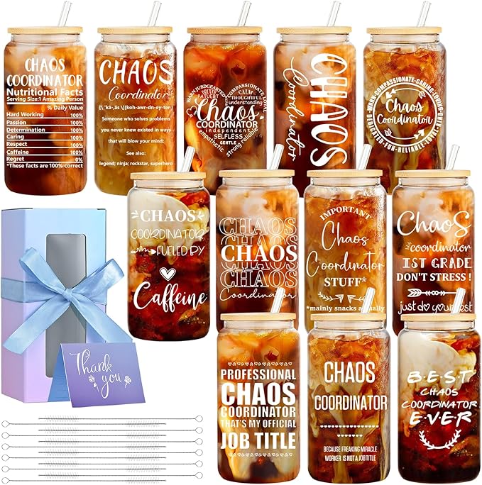 12 Set Employee Appreciation Gifts Bulk, Personalized Chaos Coordinator Gifts for Graduation Season Coworker 16 oz Can Shaped Beer Glass Cups, Gift Box and Card for Team, Party, Women, Men