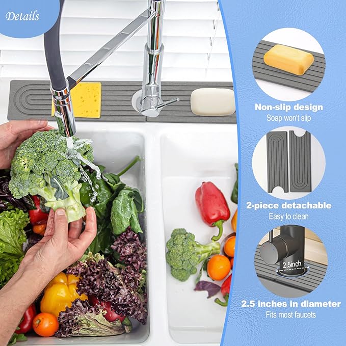 Stone Faucet Mat for Kitchen Sink- 23.6''x 3.9''Diatomite Fast-Drying Faucet Mat, Super Water Absorbing Stone Tray for Sink,Faucet Splash Guard for Bathroom Counter (Dark Gray)