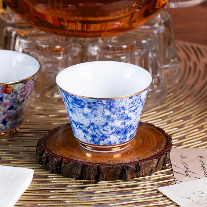 KAMMAK Ceramic Teacups - 65ml/2oz Coffee Cup - Set of 2 Hand-Painted Ceramic Cups - Small Vintage Mate Cup - Cute Mugs for Women - Ideal for Birthday, Afternoon Tea & Housewarming Gifts