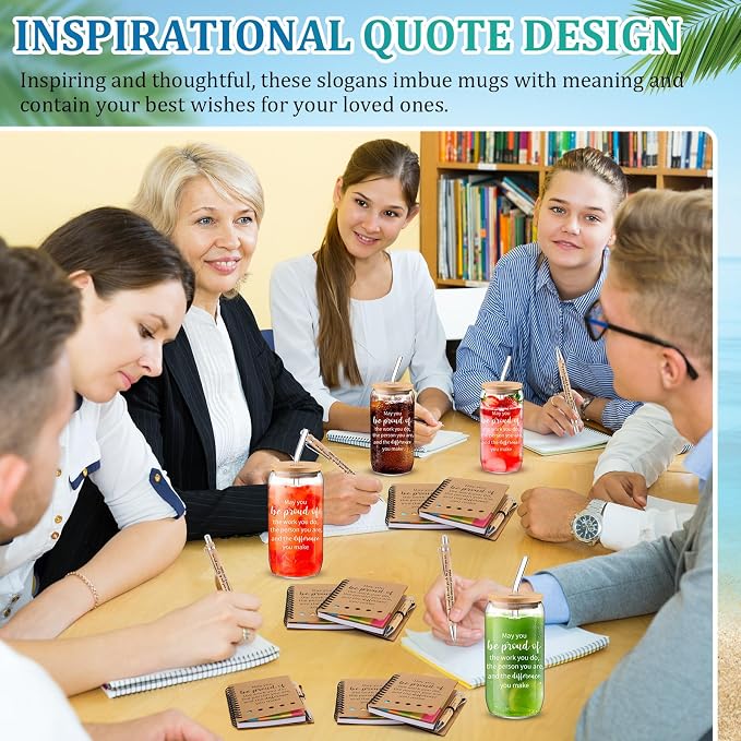 Skylety 12 Sets Teachers Appreciation Gifts Bulk May You Be Proud of The Work You Do 16 oz Glass Cups with Lids Straws Notebooks Pens for Nurse Employee Team Staff Coworker