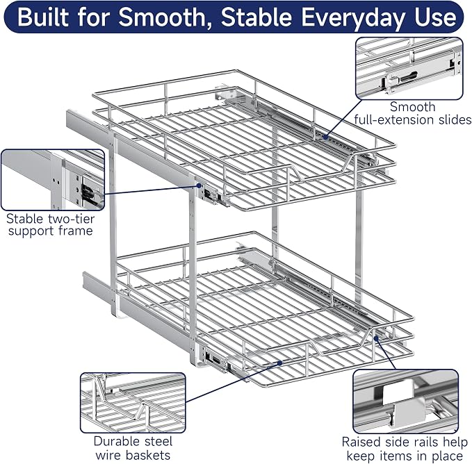 2-Tier Pull Out Cabinet Organizer, 14.5" W x 21.5" D, Heavy Duty Dual Slide Out Shelves for Base Cabinets, Chrome Wire Basket Drawer for Pantry, Kitchen & Bathroom Storage