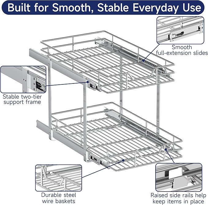 2-Tier Pull Out Cabinet Organizer, 19.5" W x 21.5" D, Heavy Duty Dual Slide Out Shelves for Base Cabinets, Chrome Wire Basket Drawer for Pantry, Kitchen & Bathroom Storage