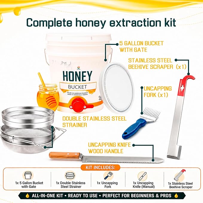 SunVara Honey Bucket with Gate 5 Gallon Kit - Stainless Steel Double Layer Strainer, Honey Scrapper Tool Beekeeping Equipment, Honey Extractor Equipment, Bee Supplies