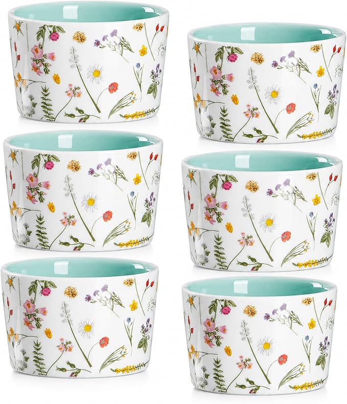 ONEMORE 6 oz Ramekins Oven Safe, Floral Ceramic Ramekin Set of 6 Mint Green Ramekins for Baking & Serving, Creme Brulee Dishes, Custard Pudding Souffle Cups, Small Dessert Bowls for Oven, Air Fryer