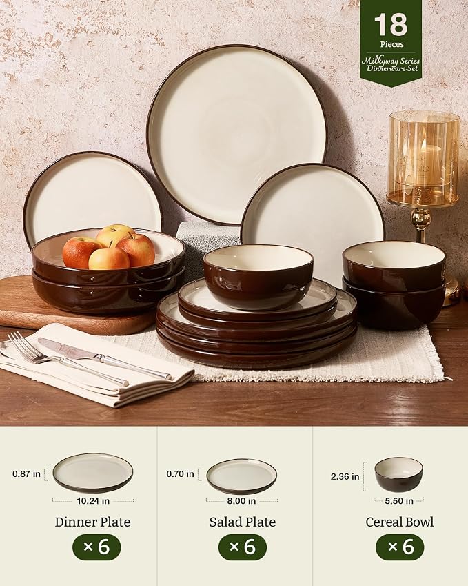 Famiware Milkyway Stoneware Dinnerware Set, 18-Piece, Double Reactive Glaze, Plates and Bowls, Service for 6, Microwave and Dishwasher Safe, Scratch-Resistant, Light khaki & Cocoa