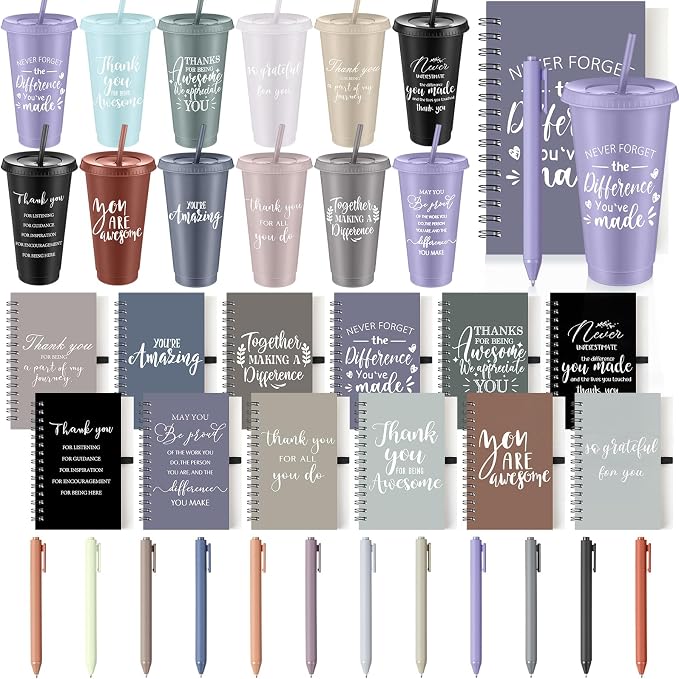 Shellwei 36 Pcs Employee Appreciation Gifts Bulk 24 oz Thank You Tumbler with Lid and Straw Mini Spiral Notebooks and Pens Appreciation Gifts for Team Employee Coworkers Teacher (Awesome)