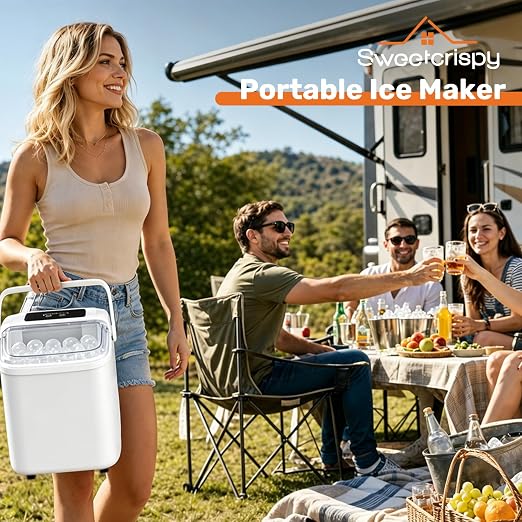 Sweetcrispy Countertop Ice Maker with Scoop, Basket and Handle, Portable Ice Machine 9 Cubes Ready in 6 Mins, 26.5lbs in 24Hrs, 2 Sizes for Home Kitchen Office Bar Party