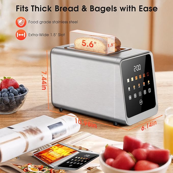 Toaster 2 Slice with Touchscreen, 1.5" Wide Slots & Memory Recall | 900W Stainless Steel Smart Digital Toasters | 6 Shade Settings for Bagels & Thick Bread | Defrost Reheat Single-Slice Mode
