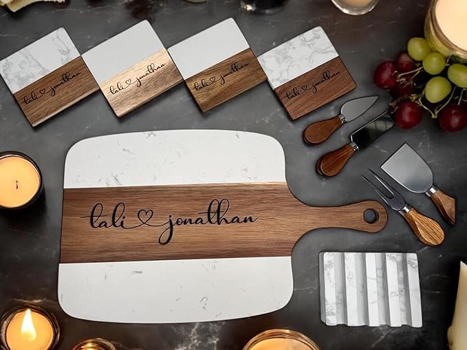 Personalized Marble Wood Charcuterie Board with Serving Tools and Coasters-Anniversary Wedding Gift Bridal Shower Engagement Housewarming Gift-Natural Acacia Engraved Charcuterie Board (Personalized)
