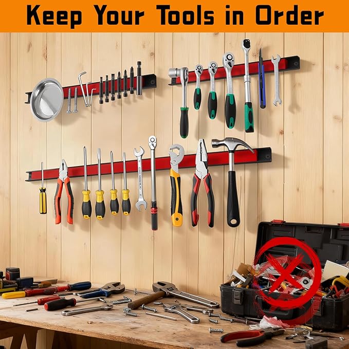 24" Magnetic Tool Holder Strip, 4 Pieces Red Metal Tool Organizer Rack with Stainless Steel Surface, Magnet Bar for Garage Workshop, Easy To Install with Mounting Screws