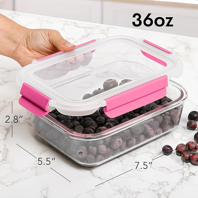 ECOBERI 4.5 Cup Glass Meal Prep Containers with Lids & Silicone Sleeves, 3-Pack Airtight, Leak-Resistant Food Storage Containers for Fridge, Freezer, Oven & Microwave