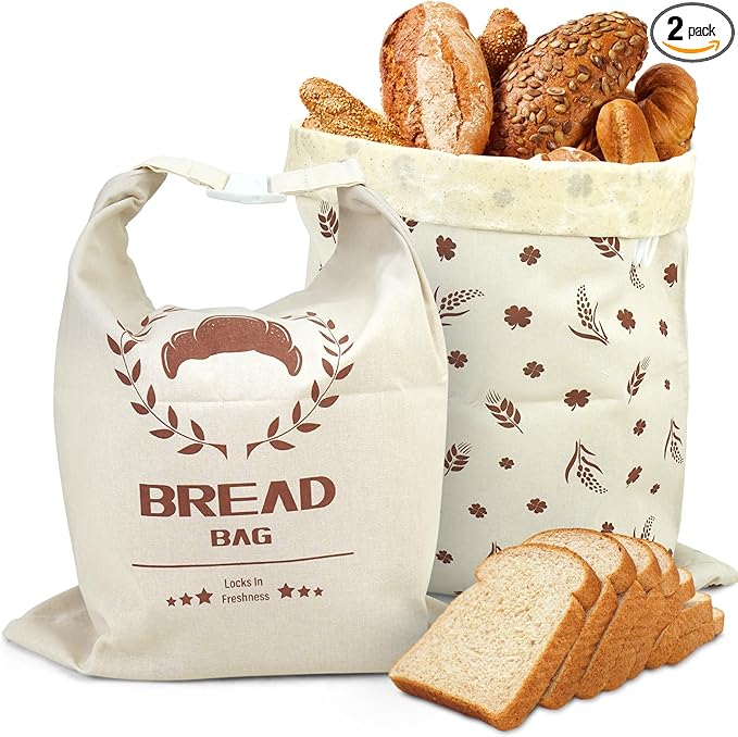 Bread Bags For Homemade Bread,2 Pack Cotton Beeswax Bread Bags For Sourdough,Waxed,Reusable Cloth Bread Bag With Locks For To Go Picnic Food Packaging