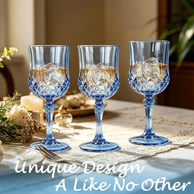 Plastic Wine Glasses, Plastic Goblets Vintage Style Cordial Unbreakable Drinking Glasses,Reusable Drinkware for Wedding Reception, Grand Event Party Supplies(12, Blue)