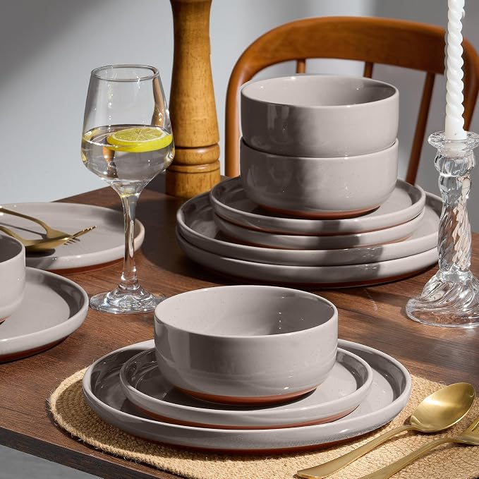 E-far 6-Piece Ceramic Dinnerware Sets, Plates and Bowls Sets for 2, Stoneware Dishware Dishes Set with Terracotta Base, Chip & Scratch Resistant, Microwave & Dishwasher Safe, Speckled Khaki