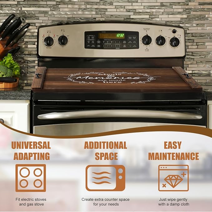 Patelai Noodle Board Stove Wooden Cover Stove Top Cutting Board with Handles 27.5 X 21.6 Inches Sink Cover for Electric Gas Burners Kitchen Counter Space(Warm Style)