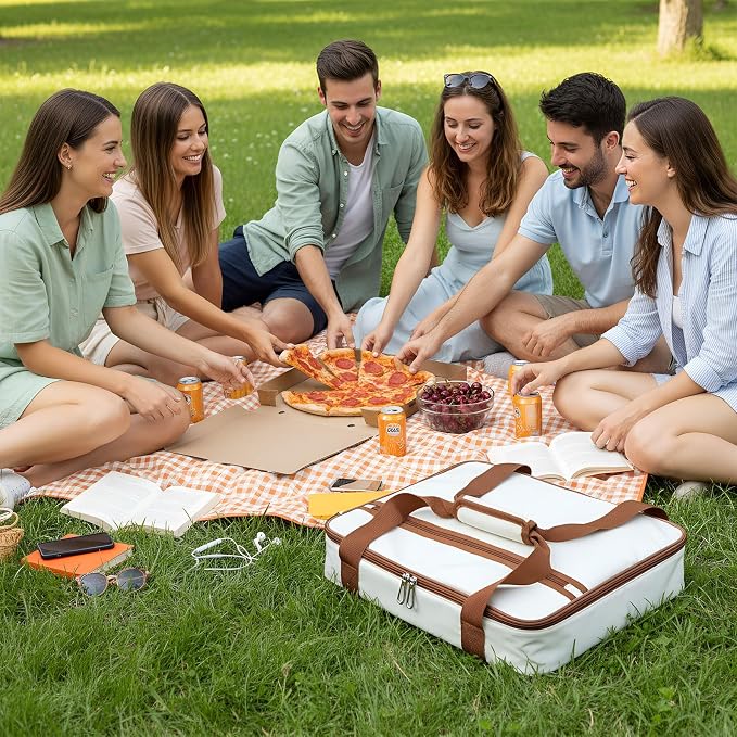 FoldTier Glass Baking Dish with Lid Glass Casserole with Carrier 9 x 13 Inch Insulated Bag for Hot Cold Food Deep Casserole Dish for Oven Potluck Party Picnic Cookouts (Beige)