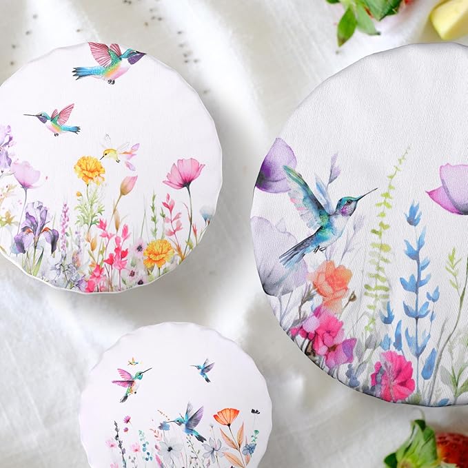 Patelai 10 Pcs Bowl Covers Reusable in 5 Size Stretch Cloth Fabric Elastic Food Storage Bowl Covers Bread Sourdough Lids for Proofing Food Fruits Leftover(Multicolor,Hummingbird Style)