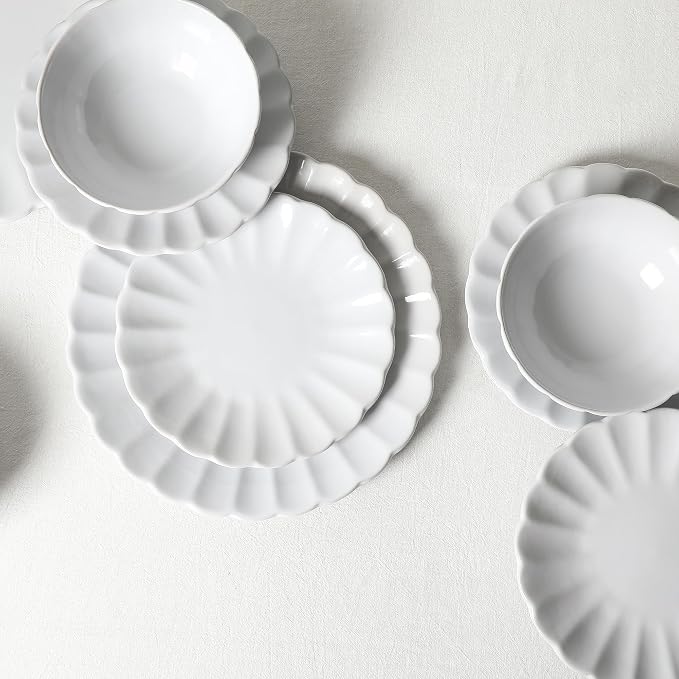 Earth & Clay Phoenix 12-Piece Stoneware Dinnerware Set, Plates and Bowls Set, Dishwasher and Microwave Safe, Dish Set for 4, White