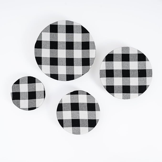 Reusable Elastic Bowl Covers - 100% Cotton Fabric Bowl Covers Set for Sourdough Bread and Mixing Bowls to Cover Dough, Fruits, Vegetables and Regulate Moisture (Black Plaid, 1XL, 1L, 1M, 1S)