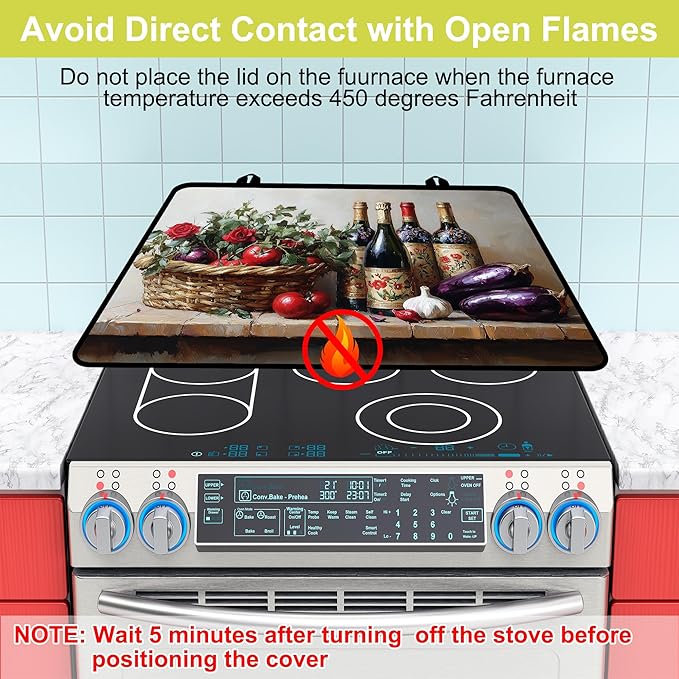 Glass Stove top Cover 28"x 20", Stove Top Covers for Electric Stove, Flat Range Mat for Glass Cooktop, Kitchen Heat-Resistant Protector Non-Slip Drying Mat (Foods and Wine Bottles)