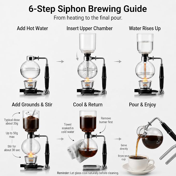 Siphon Coffee Maker, 20 oz Glass Vacuum Brewer with Cloth Filter | Borosilicate glass, reusable cloth filter, alcohol burner, hands-on siphon brewing, rich small-batch coffee