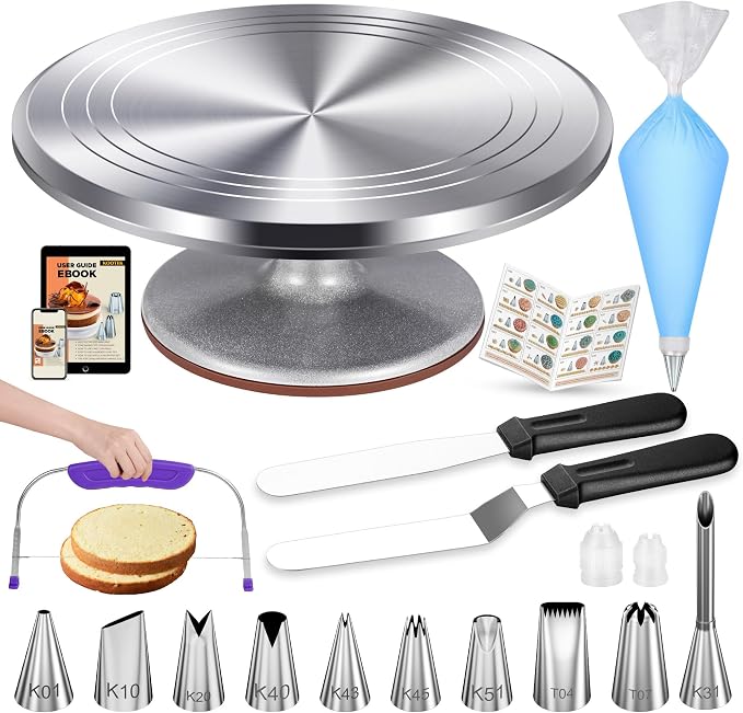 Kootek 51 Pcs Cake Decorating Kit, 12" Aluminum Alloy Cake Turntable, 10 Numbered Icing Tips, Offset and Straight Spatulas, Cake Leveler, Pastry Bags Baking Supplies | Startar Kit, Easy to Clean, Smooth Rotating, Cake Stand Turntable for Decorating Dis...