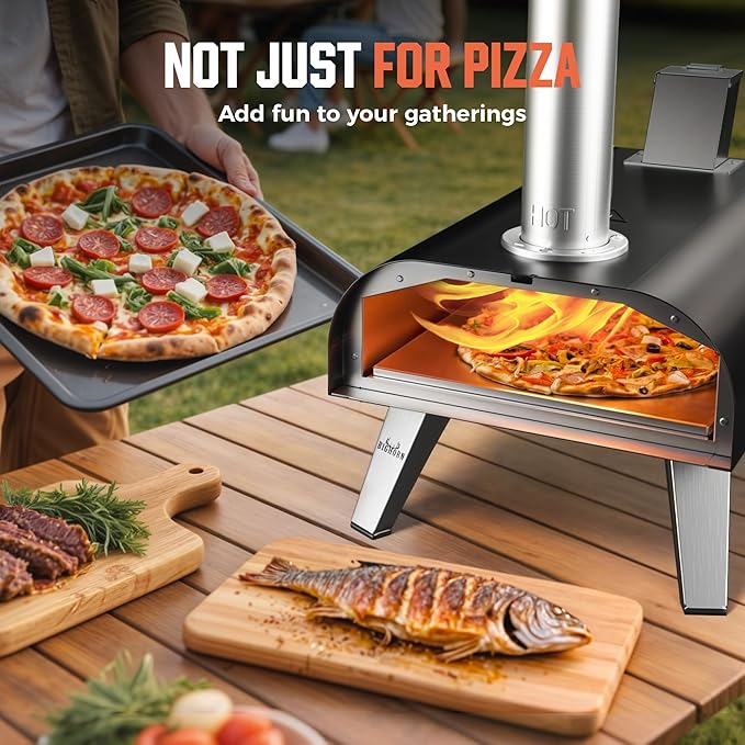 BIG HORN OUTDOORS 12" Woodfire Pizza Stone Oven, 887°F Outdoor Stainless Pizza Cooker, Portable for Party Usage, Black